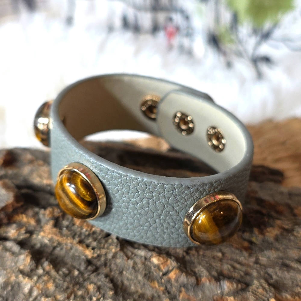 Gray/green Leather Bracelet with Tiger Eye Cabochons